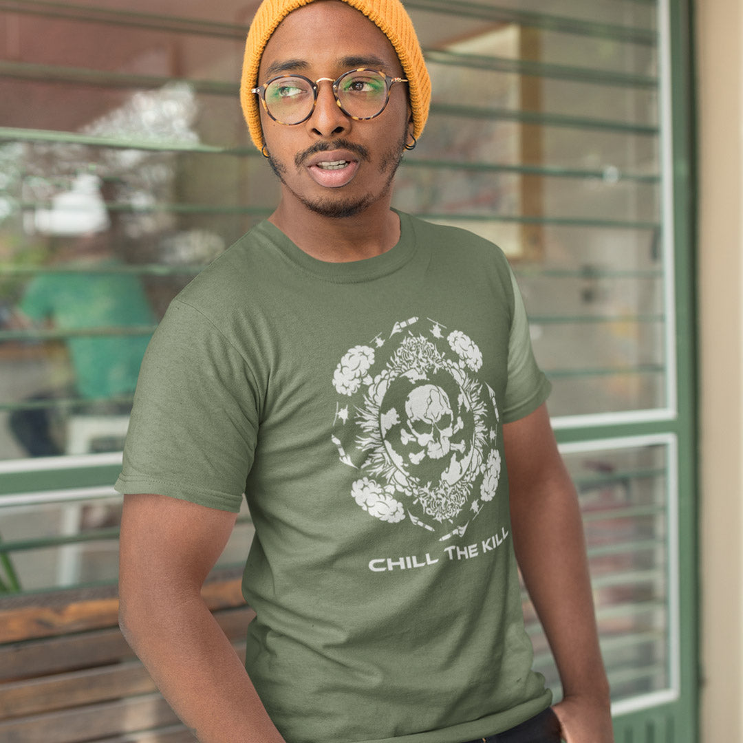 Man wearing a khaki t shirt with "Chill the Kill" text.