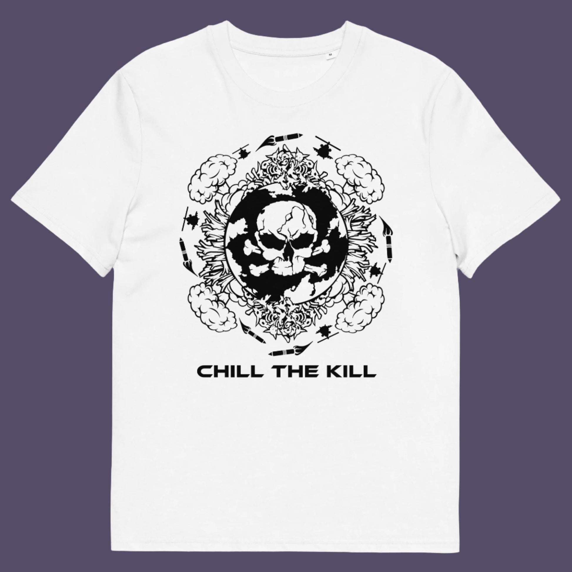 White t-shirt. An original save the planet t-shirt. A unique creation in a series of designs about environmental concern and climate issues. This one highlighting the amount of death and destruction we create as a species. Express your counter culture view and encourage social awareness. Made from 100% organic ring-spun cotton, this save the earth t shirt is unisex, high-quality, super comfy, and best of all, eco-friendly.