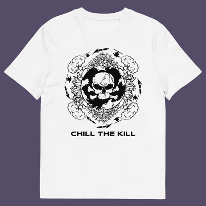 White t-shirt. An original save the planet t-shirt. A unique creation in a series of designs about environmental concern and climate issues. This one highlighting the amount of death and destruction we create as a species. Express your counter culture view and encourage social awareness. Made from 100% organic ring-spun cotton, this save the earth t shirt is unisex, high-quality, super comfy, and best of all, eco-friendly.