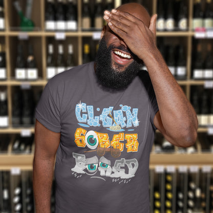 Man wearing a t-shirt with colourful text in a wine store. This self worth t shirt has a witty twist. Although it is highly commendable to have cleaned up your life, this design is for those who have found it a little boring since turning their back on a life of debauchery. Made from 100% organic ring-spun cotton, this self esteem t shirt is unisex, high-quality, super comfy, and best of all, eco-friendly.