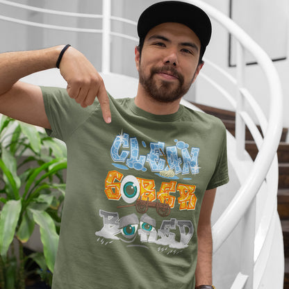 Man wearing a green t-shirt with colourful text and graphics, pointing to the shirt. This self worth t shirt has a witty twist. Although it is highly commendable to have cleaned up your life, this design is for those who have found it a little boring since turning their back on a life of debauchery. Made from 100% organic ring-spun cotton, this self esteem t shirt is unisex, high-quality, super comfy, and best of all, eco-friendly.