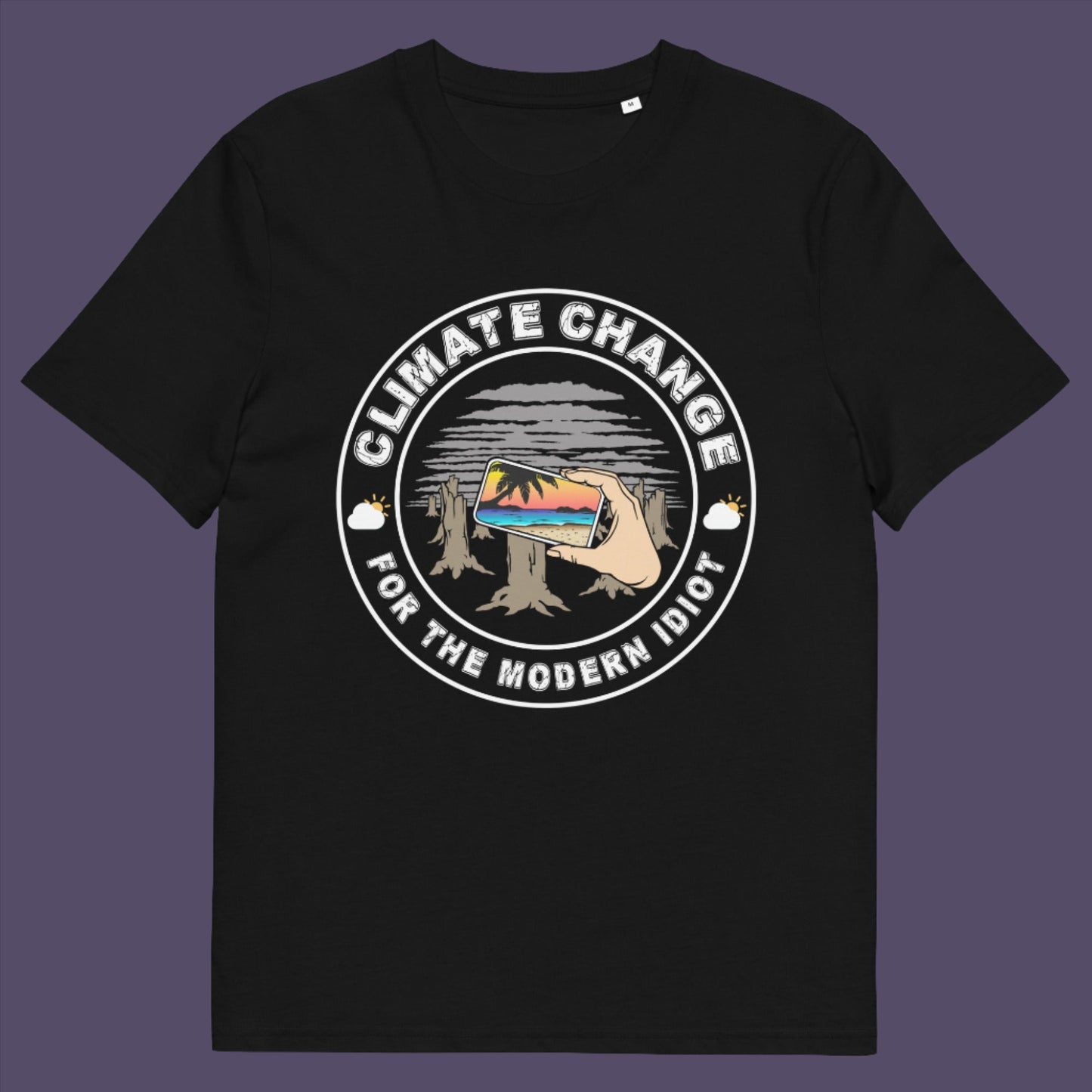 Black t-shirt. A satirical save the planet t-shirt exposing the denial still opposing a very serious issue. In this age of smart technology it's surprising there isn't an app that helps us ignore the climate crisis. Satire at it's best. Made from 100% organic ring-spun cotton, this social awareness t-shirt is unisex, high-quality, super comfy, and best of all, eco-friendly.