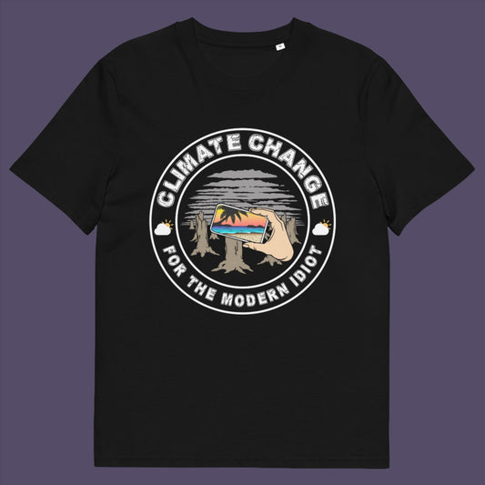 Black t-shirt. A satirical save the planet t-shirt exposing the denial still opposing a very serious issue. In this age of smart technology it's surprising there isn't an app that helps us ignore the climate crisis. Satire at it's best. Made from 100% organic ring-spun cotton, this social awareness t-shirt is unisex, high-quality, super comfy, and best of all, eco-friendly.