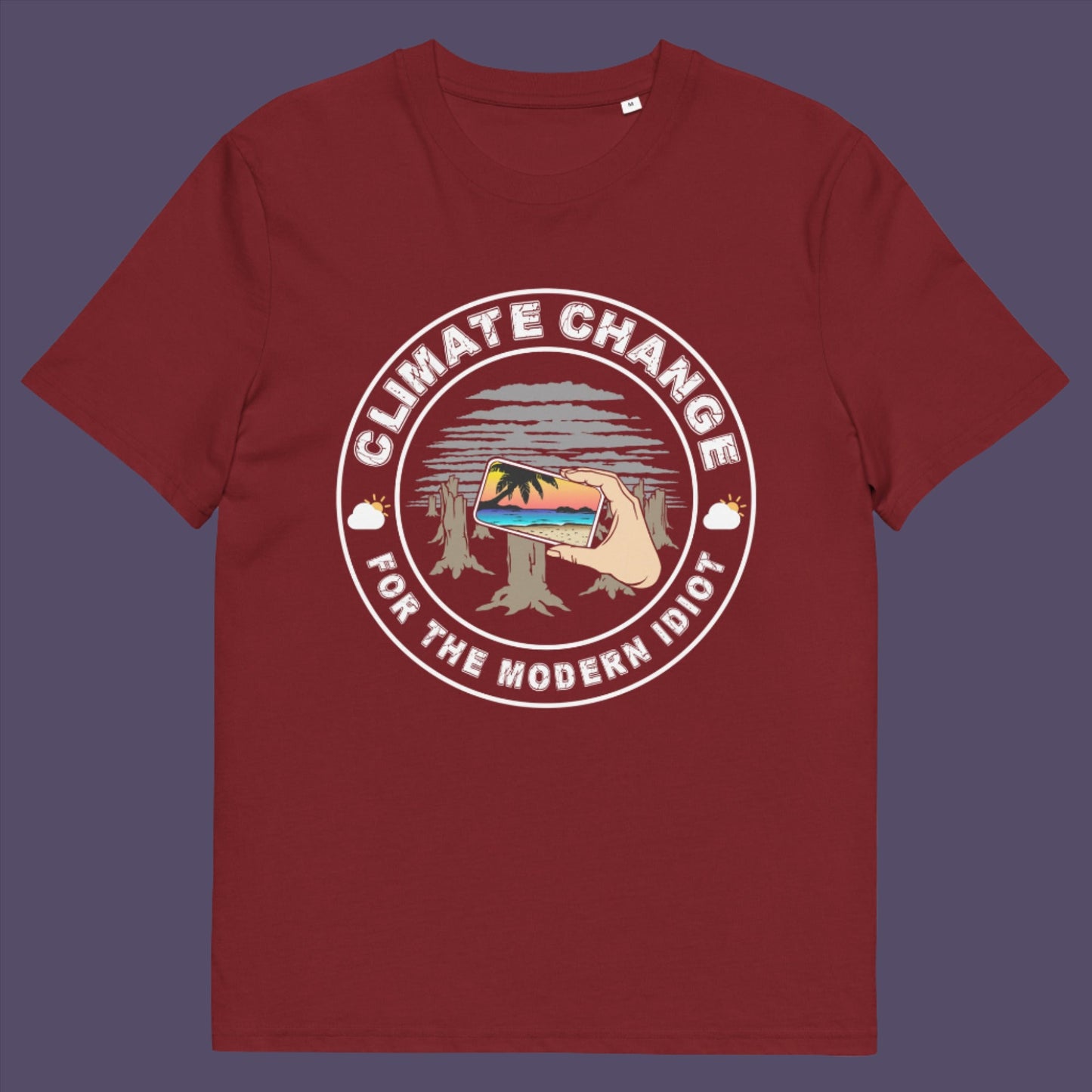 Burgundy t-shirt. A satirical save the planet t-shirt exposing the denial still opposing a very serious issue. In this age of smart technology it's surprising there isn't an app that helps us ignore the climate crisis. Satire at it's best. Made from 100% organic ring-spun cotton, this social awareness t-shirt is unisex, high-quality, super comfy, and best of all, eco-friendly.
