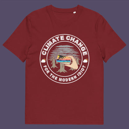 Burgundy t-shirt. A satirical save the planet t-shirt exposing the denial still opposing a very serious issue. In this age of smart technology it's surprising there isn't an app that helps us ignore the climate crisis. Satire at it's best. Made from 100% organic ring-spun cotton, this social awareness t-shirt is unisex, high-quality, super comfy, and best of all, eco-friendly.
