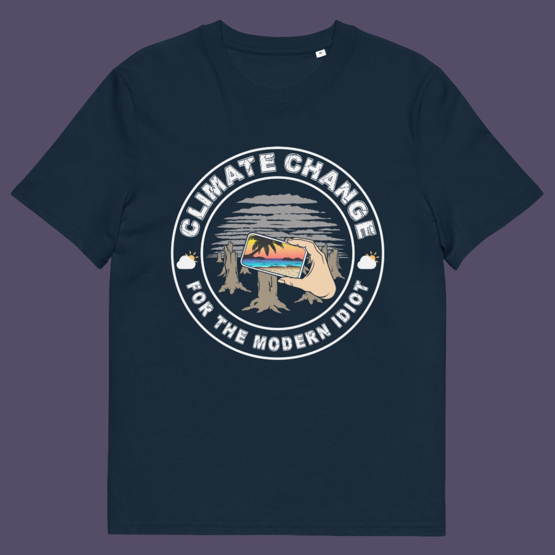 French navy t-shirt. A satirical save the planet t-shirt exposing the denial still opposing a very serious issue. In this age of smart technology it's surprising there isn't an app that helps us ignore the climate crisis. Satire at it's best. Made from 100% organic ring-spun cotton, this social awareness t-shirt is unisex, high-quality, super comfy, and best of all, eco-friendly.