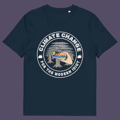 French navy t-shirt. A satirical save the planet t-shirt exposing the denial still opposing a very serious issue. In this age of smart technology it's surprising there isn't an app that helps us ignore the climate crisis. Satire at it's best. Made from 100% organic ring-spun cotton, this social awareness t-shirt is unisex, high-quality, super comfy, and best of all, eco-friendly.