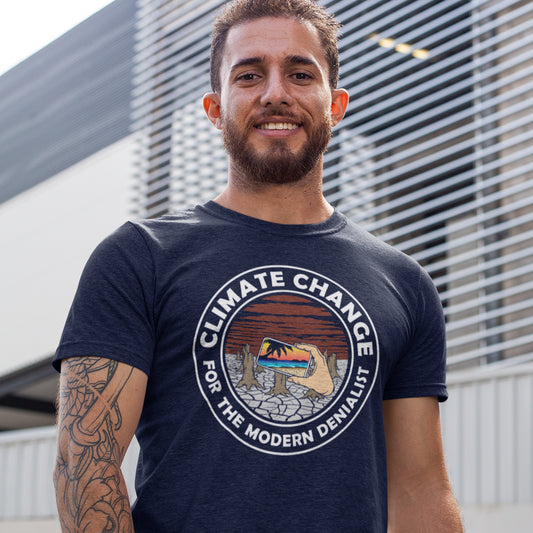 Man in Climate change French navy t shirt. A satirical save the planet t-shirt exposing the denial still opposing a very serious issue. In this age of smart technology it's surprising there isn't an app that helps us ignore the environmental crisis. Satire at it's best. Made from 100% organic ring-spun cotton, this save the world t shirt is unisex, high-quality, super comfy, and best of all, eco-friendly.
