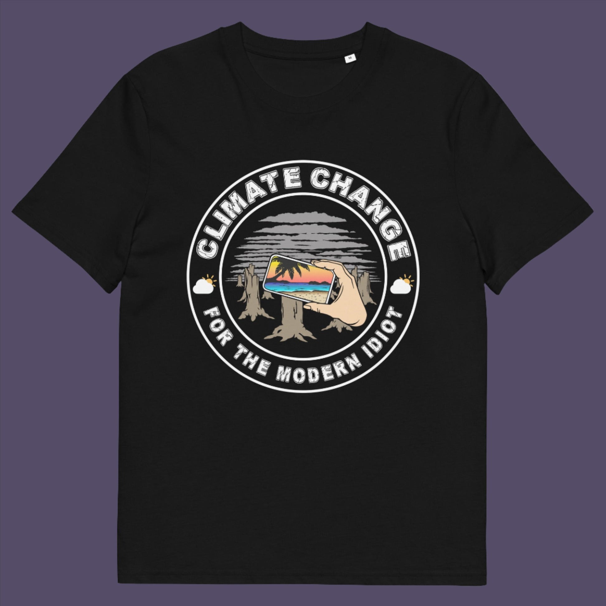 Black t-shirt. A satirical save the planet t-shirt exposing the denial still opposing a very serious issue. In this age of smart technology it's surprising there isn't an app that helps us ignore the environmental crisis. Satire at it's best. Made from 100% organic ring-spun cotton, this save the world t shirt is unisex, high-quality, super comfy, and best of all, eco-friendly.