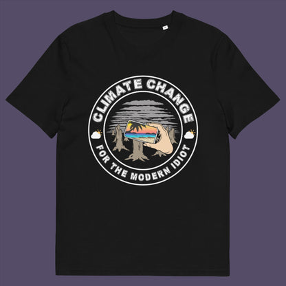 Black t-shirt. A satirical save the planet t-shirt exposing the denial still opposing a very serious issue. In this age of smart technology it's surprising there isn't an app that helps us ignore the environmental crisis. Satire at it's best. Made from 100% organic ring-spun cotton, this save the world t shirt is unisex, high-quality, super comfy, and best of all, eco-friendly.