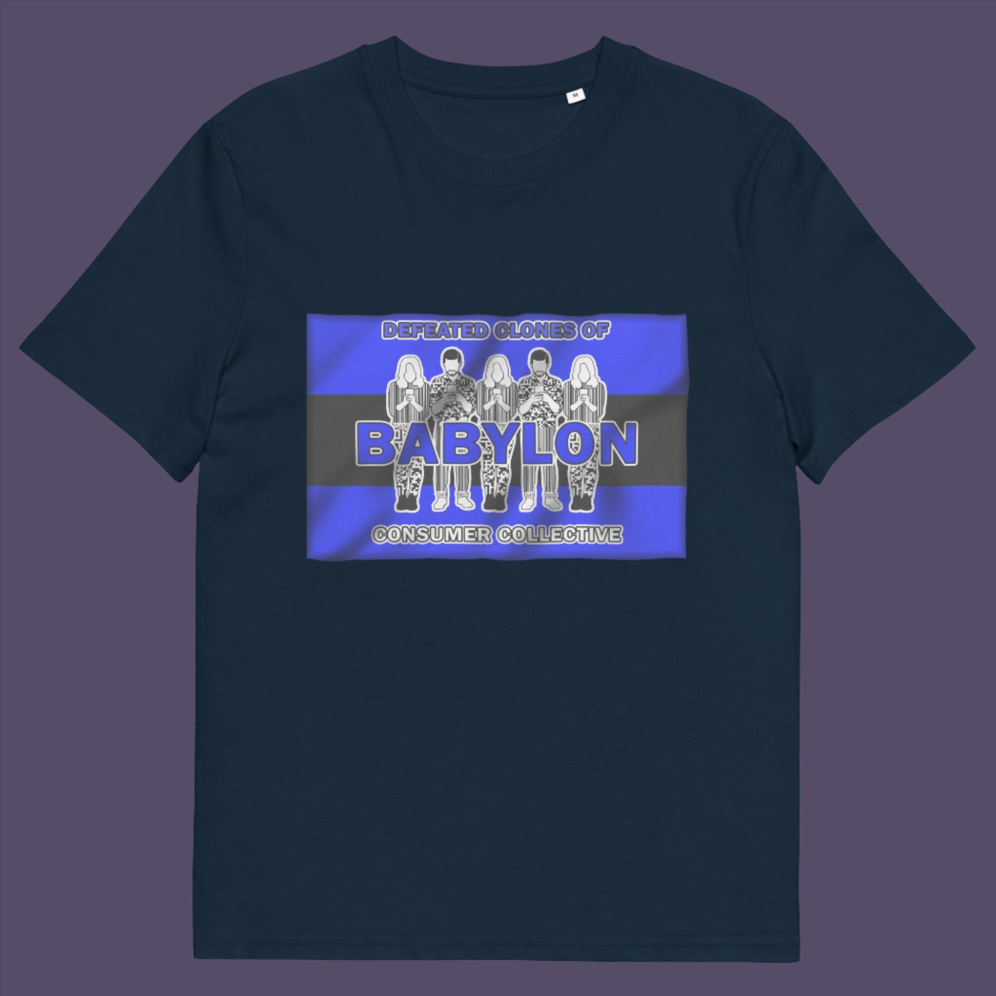 French navy t-shirt. This non conformist t shirt is for people with more than a pessimistic view of society and what we have become. This unique design has a Rastafarian hint as it suggests we fill our world with unnecessary distractions, ignoring more important issues. Made from 100% organic ring-spun cotton, this anti consumerism t shirt is unisex, high-quality, super comfy, and best of all, eco-friendly.