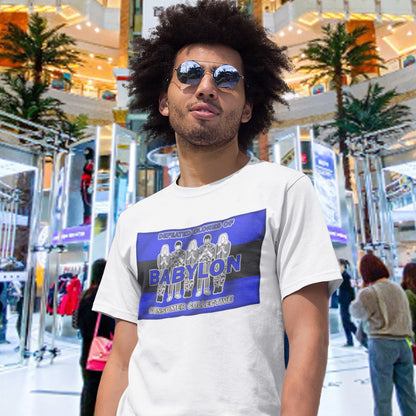 Person wearing a white t-shirt with a graphic design in a shopping mall. This non conformist t shirt is for people with more than a pessimistic view of society and what we have become. This unique design has a Rastafarian hint as it suggests we fill our world with unnecessary distractions, ignoring more important issues. Made from 100% organic ring-spun cotton, this anti consumerism t shirt is unisex, high-quality, super comfy, and best of all, eco-friendly.