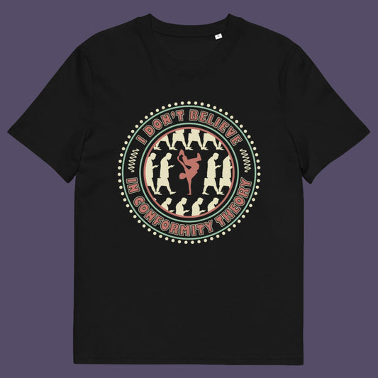 Black t-shirt. An anti-conformist t-shirt promoting independent thought. Some people do what they are told without question and wait to be given their opinion. This alternative t-shirt is for the other people. This unique design helps create social awareness of diversity. Made from 100% organic ring-spun cotton, this counterculture t-shirt is unisex, high-quality, super comfy, and best of all, eco-friendly.