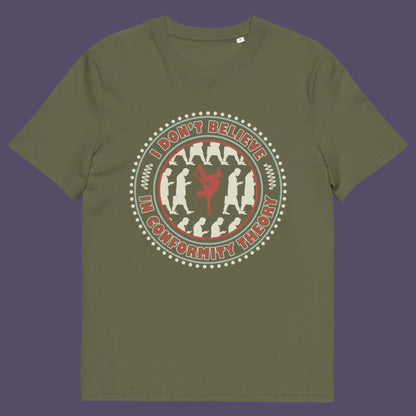 Khaki t-shirt. An anti-conformist t-shirt promoting independent thought. Some people do what they are told without question and wait to be given their opinion. This alternative t-shirt is for the other people. This unique design helps create social awareness of diversity. Made from 100% organic ring-spun cotton, this counterculture t-shirt is unisex, high-quality, super comfy, and best of all, eco-friendly.