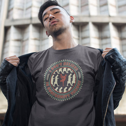 Man wearing an anthracite t-shirt with a graphic design in an urban setting. An anti-conformist t-shirt promoting independent thought. Some people do what they are told without question and wait to be given their opinion. This alternative t-shirt is for the other people. This unique design helps create social awareness of diversity. Made from 100% organic ring-spun cotton, this counterculture t-shirt is unisex, high-quality, super comfy, and best of all, eco-friendly.