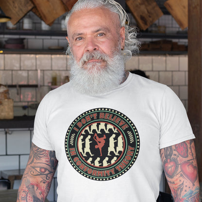 Man wearing a white t-shirt with a graphic design in a casual setting. An anti-conformist t-shirt promoting independent thought. Some people do what they are told without question and wait to be given their opinion. This alternative t-shirt is for the other people. This unique design helps create social awareness of diversity. Made from 100% organic ring-spun cotton, this counterculture t-shirt is unisex, high-quality, super comfy, and best of all, eco-friendly.