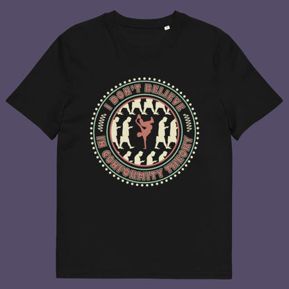 Black t-shirt. A non conformist t shirt promoting independent thought. Some people do what they are told without question and wait to be given their opinion. This alternative t-shirt is for the other people. This unique design helps create social awareness of diversity. Made from 100% organic ring-spun cotton, this counter culture t shirt is unisex, high-quality, super comfy, and best of all, eco-friendly.