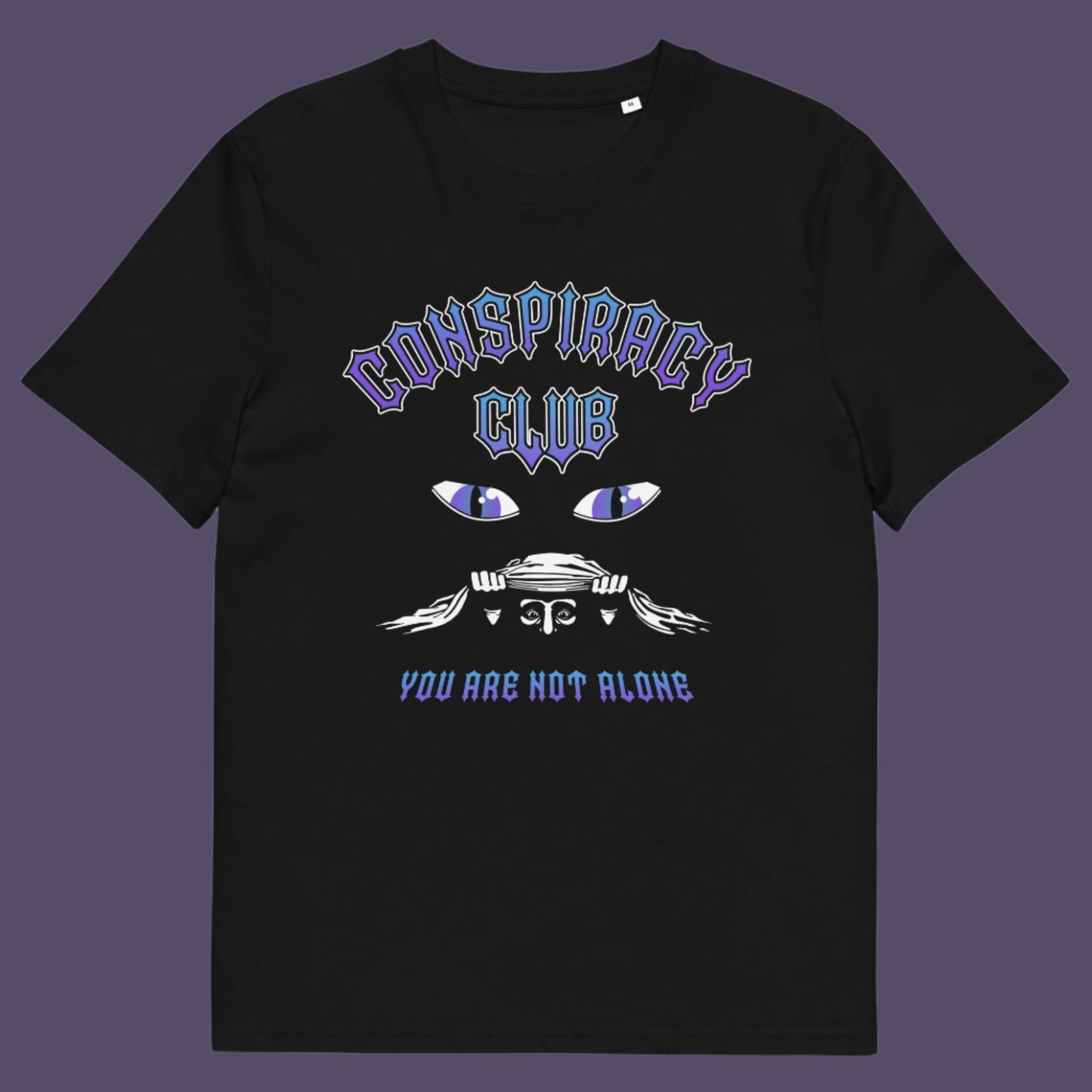 Black t shirt. A conspiracy theorist t shirt design for all conspiracy lovers who think big brother is watching. join the club, expand your independent thinking, question everything. Think outside the box. Made from 100% organic ring-spun cotton, this funny conspiracy theory t shirt is unisex, high-quality, super comfy, and best of all, eco-friendly.