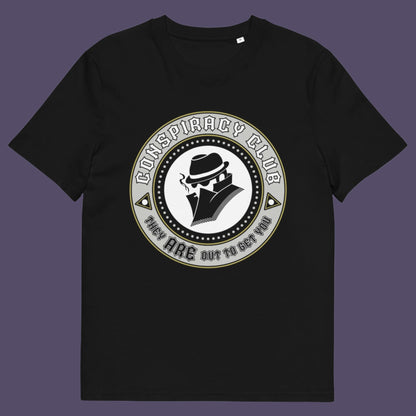 Black t-shirt. These days there's a conspiracy theory for every occasion, join the club, expand your alternative imagination. Think outside the box. Underground art on apparel. Made from 100% organic ring-spun cotton, this conspiracy theory t-shirt is unisex, high-quality, super comfy, and best of all, eco-friendly.