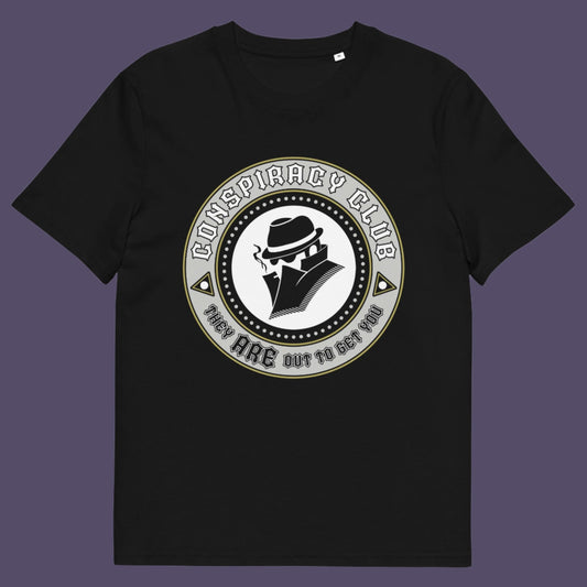 Black t-shirt. These days there's a conspiracy theory for every occasion, join the club, expand your alternative imagination. Think outside the box. Underground art on apparel. Made from 100% organic ring-spun cotton, this conspiracy theory t-shirt is unisex, high-quality, super comfy, and best of all, eco-friendly.