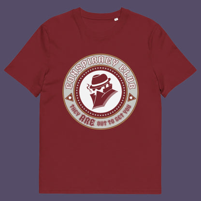 Burgundy t-shirt. These days there's a conspiracy theory for every occasion, join the club, expand your alternative imagination. Think outside the box. Underground art on apparel. Made from 100% organic ring-spun cotton, this conspiracy theory t-shirt is unisex, high-quality, super comfy, and best of all, eco-friendly.