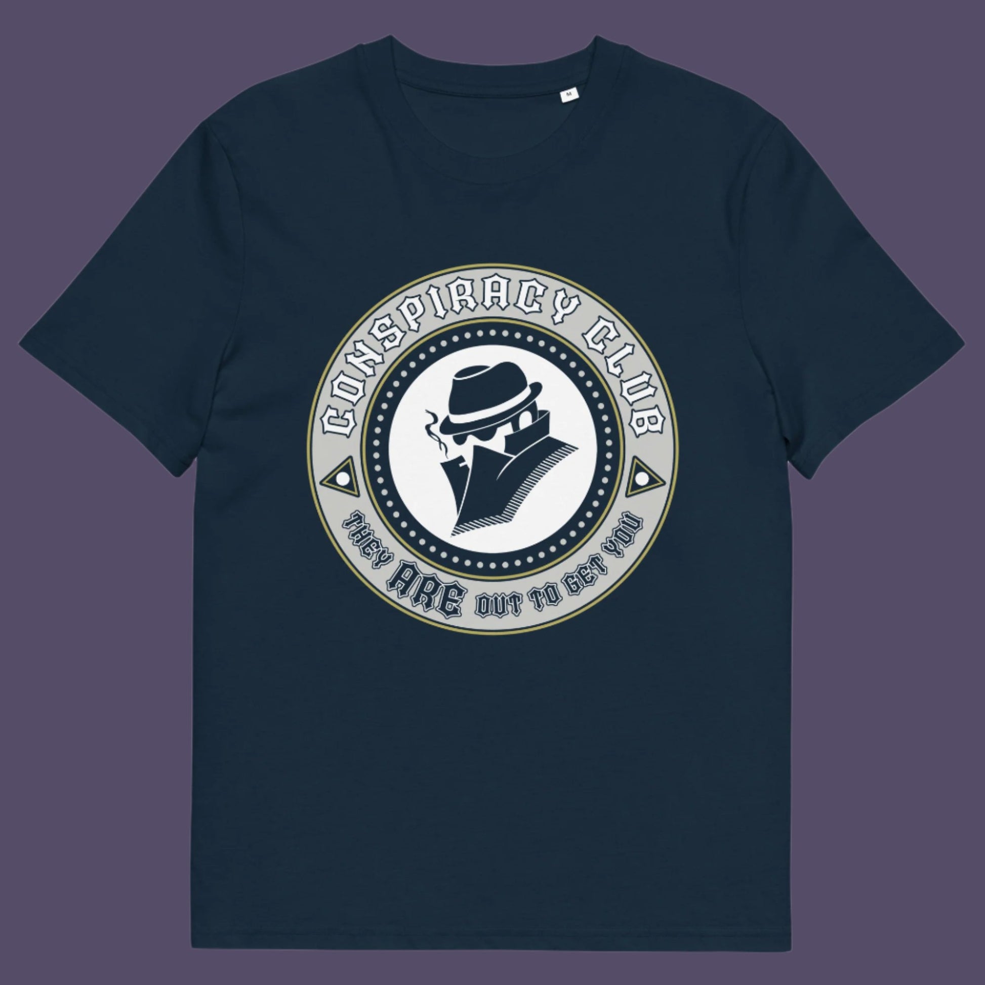 French navy t-shirt. These days there's a conspiracy theory for every occasion, join the club, expand your alternative imagination. Think outside the box. Underground art on apparel. Made from 100% organic ring-spun cotton, this conspiracy theory t-shirt is unisex, high-quality, super comfy, and best of all, eco-friendly.