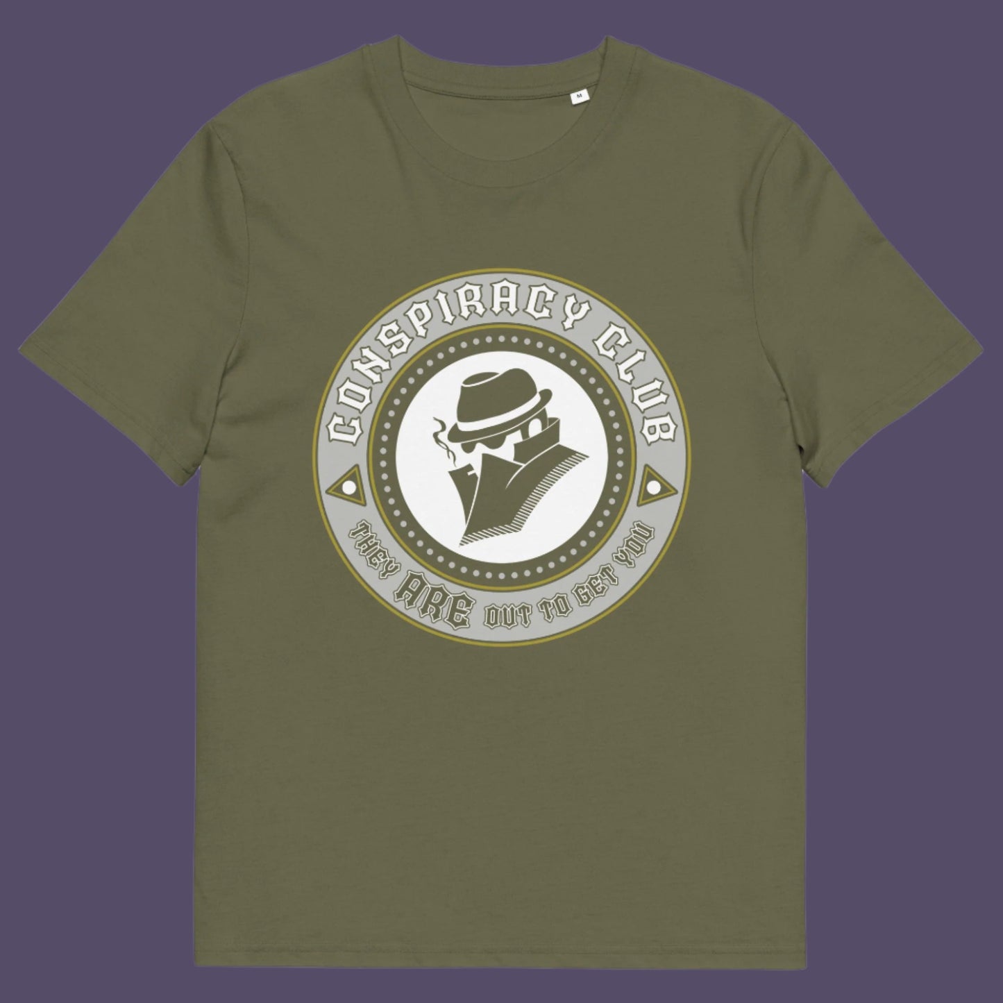 Khaki t-shirt. These days there's a conspiracy theory for every occasion, join the club, expand your alternative imagination. Think outside the box. Underground art on apparel. Made from 100% organic ring-spun cotton, this conspiracy theory t-shirt is unisex, high-quality, super comfy, and best of all, eco-friendly.