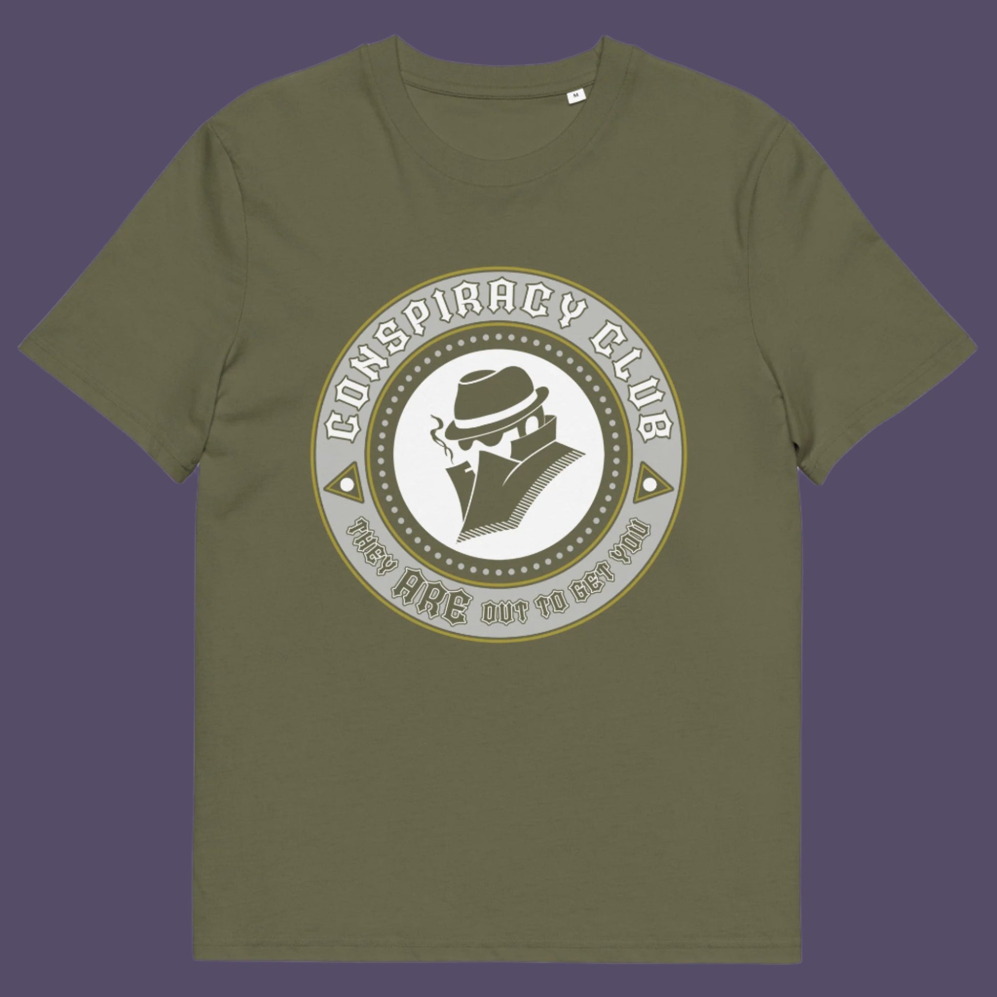 Khaki t-shirt. These days there's a conspiracy theory for every occasion, join the club, expand your alternative imagination. Think outside the box. Underground art on apparel. Made from 100% organic ring-spun cotton, this conspiracy theory t-shirt is unisex, high-quality, super comfy, and best of all, eco-friendly.
