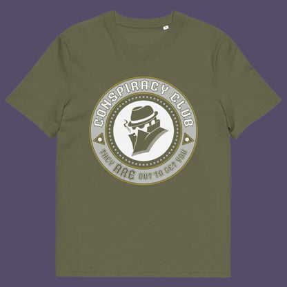 Khaki t-shirt. These days there's a conspiracy theory for every occasion, join the club, expand your alternative imagination. Think outside the box. Underground art on apparel. Made from 100% organic ring-spun cotton, this conspiracy theory t-shirt is unisex, high-quality, super comfy, and best of all, eco-friendly.