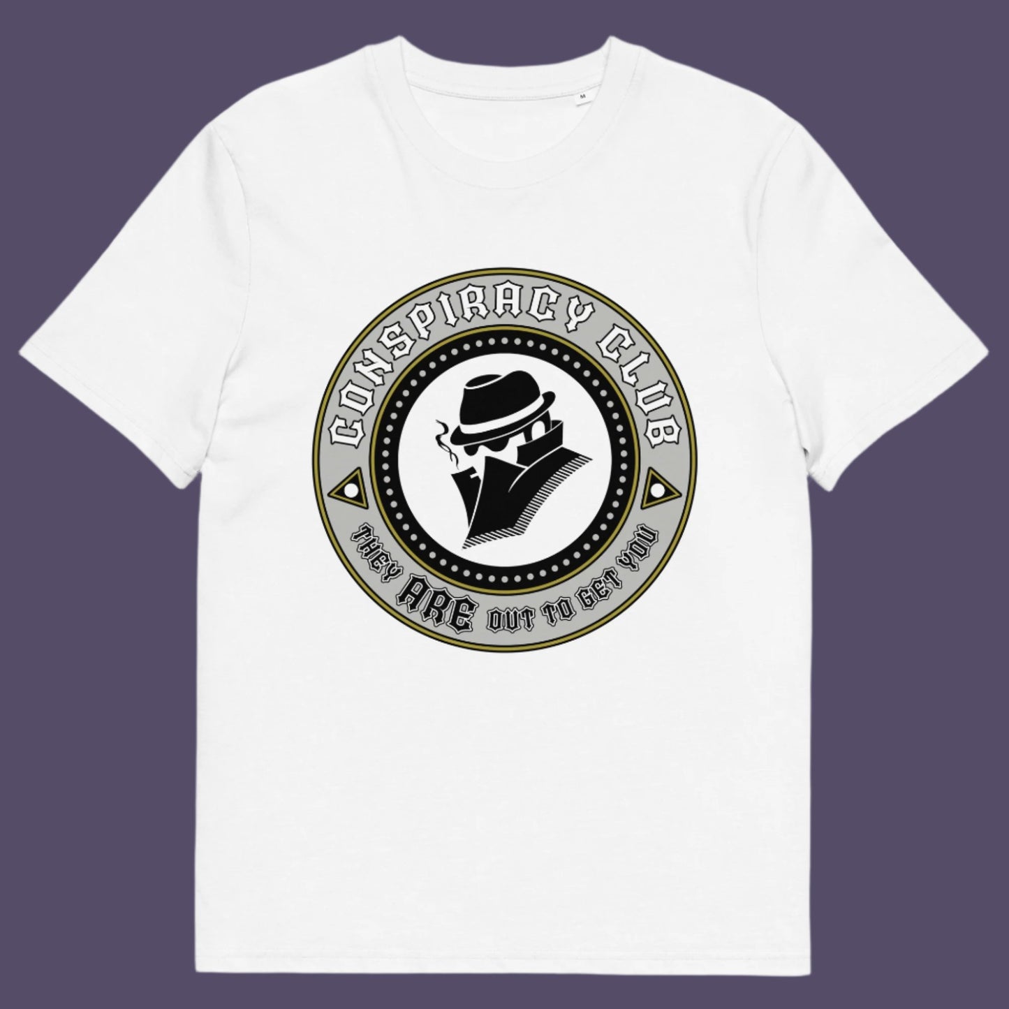 White t-shirt. These days there's a conspiracy theory for every occasion, join the club, expand your alternative imagination. Think outside the box. Underground art on apparel. Made from 100% organic ring-spun cotton, this conspiracy theory t-shirt is unisex, high-quality, super comfy, and best of all, eco-friendly.