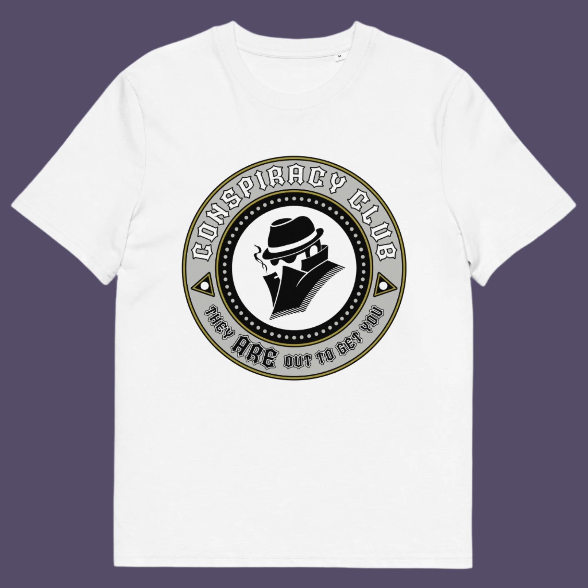 White t-shirt. These days there's a conspiracy theory for every occasion, join the club, expand your alternative imagination. Think outside the box. Underground art on apparel. Made from 100% organic ring-spun cotton, this conspiracy theory t-shirt is unisex, high-quality, super comfy, and best of all, eco-friendly.
