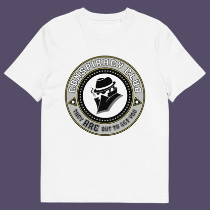 White t-shirt. These days there's a conspiracy theory for every occasion, join the club, expand your alternative imagination. Think outside the box. Underground art on apparel. Made from 100% organic ring-spun cotton, this conspiracy theory t-shirt is unisex, high-quality, super comfy, and best of all, eco-friendly.