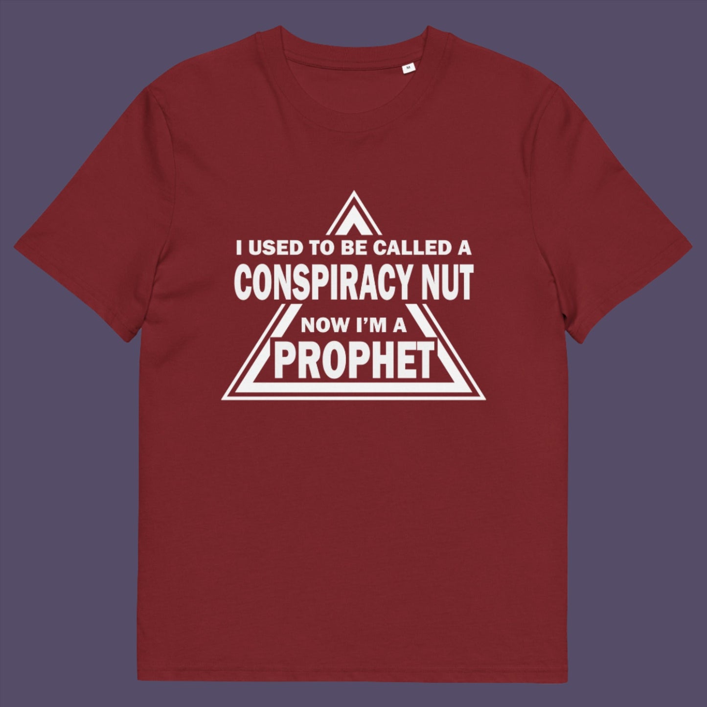 Burgundy t-shirt. This conspiracy theorist t-shirt design is for anyone who used to get funny looks for their alternative view, but now gets greeted with nods of understanding as your earlier rantings come true. Made from 100% organic ring-spun cotton, this conspiracy theorist t-shirt is unisex, high-quality, super comfy, and best of all, eco-friendly.