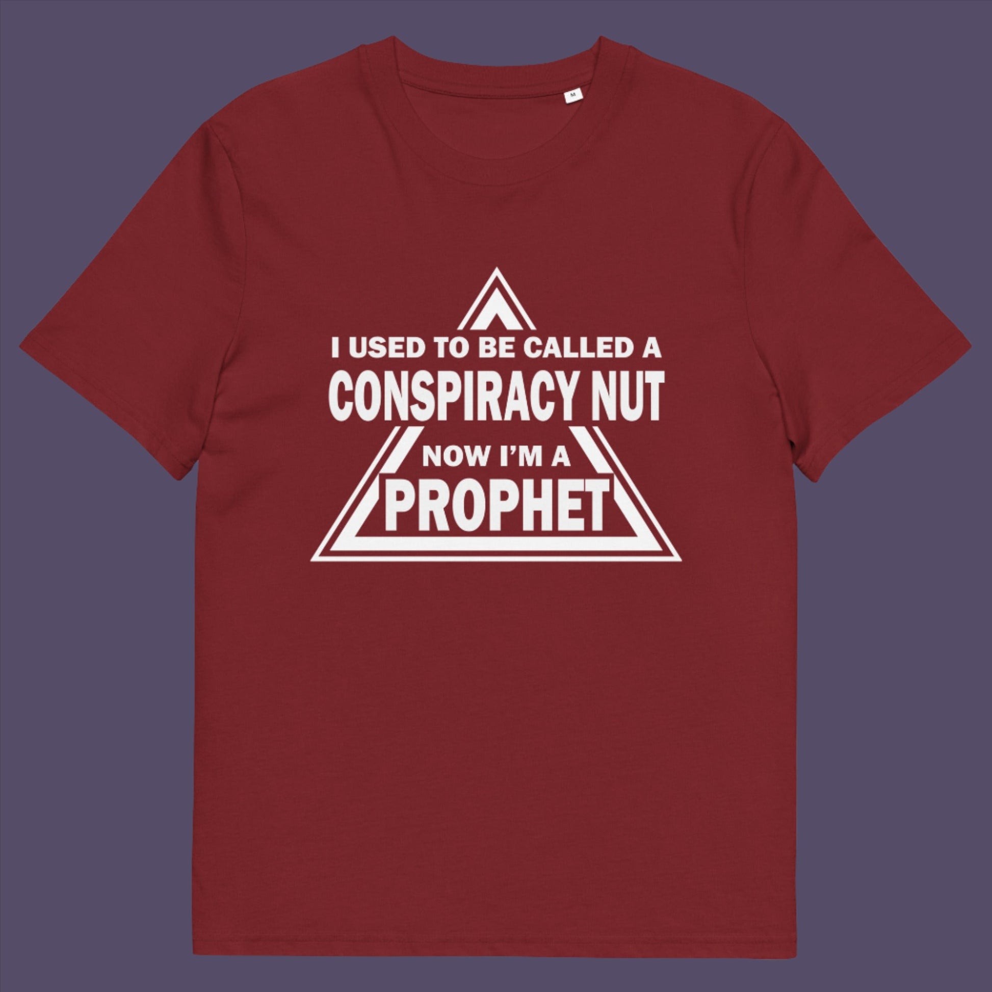 Burgundy t-shirt. This conspiracy theorist t-shirt design is for anyone who used to get funny looks for their alternative view, but now gets greeted with nods of understanding as your earlier rantings come true. Made from 100% organic ring-spun cotton, this conspiracy theorist t-shirt is unisex, high-quality, super comfy, and best of all, eco-friendly.