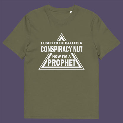 Khaki t-shirt. This conspiracy theorist t-shirt design is for anyone who used to get funny looks for their alternative view, but now gets greeted with nods of understanding as your earlier rantings come true. Made from 100% organic ring-spun cotton, this conspiracy theorist t-shirt is unisex, high-quality, super comfy, and best of all, eco-friendly.
