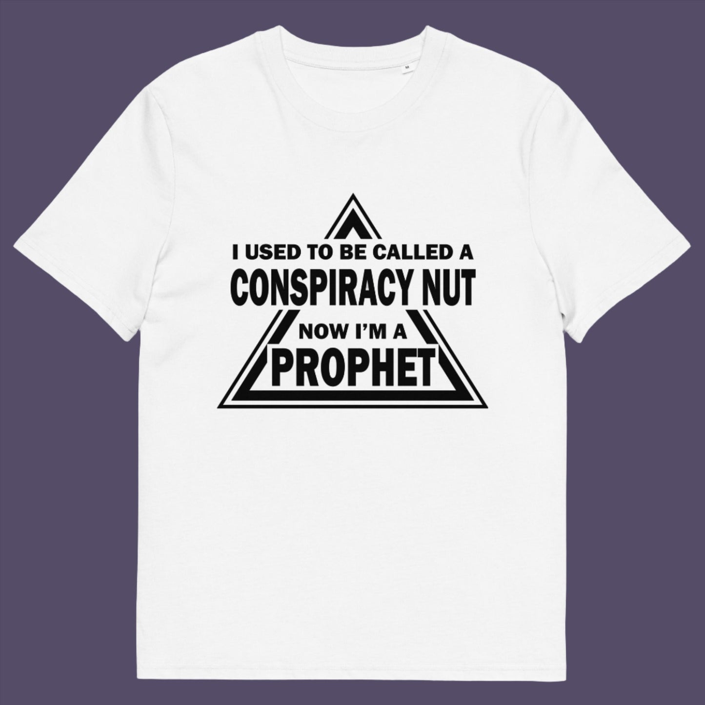 White t-shirt. This conspiracy theorist t-shirt design is for anyone who used to get funny looks for their alternative view, but now gets greeted with nods of understanding as your earlier rantings come true. Made from 100% organic ring-spun cotton, this conspiracy theorist t-shirt is unisex, high-quality, super comfy, and best of all, eco-friendly.