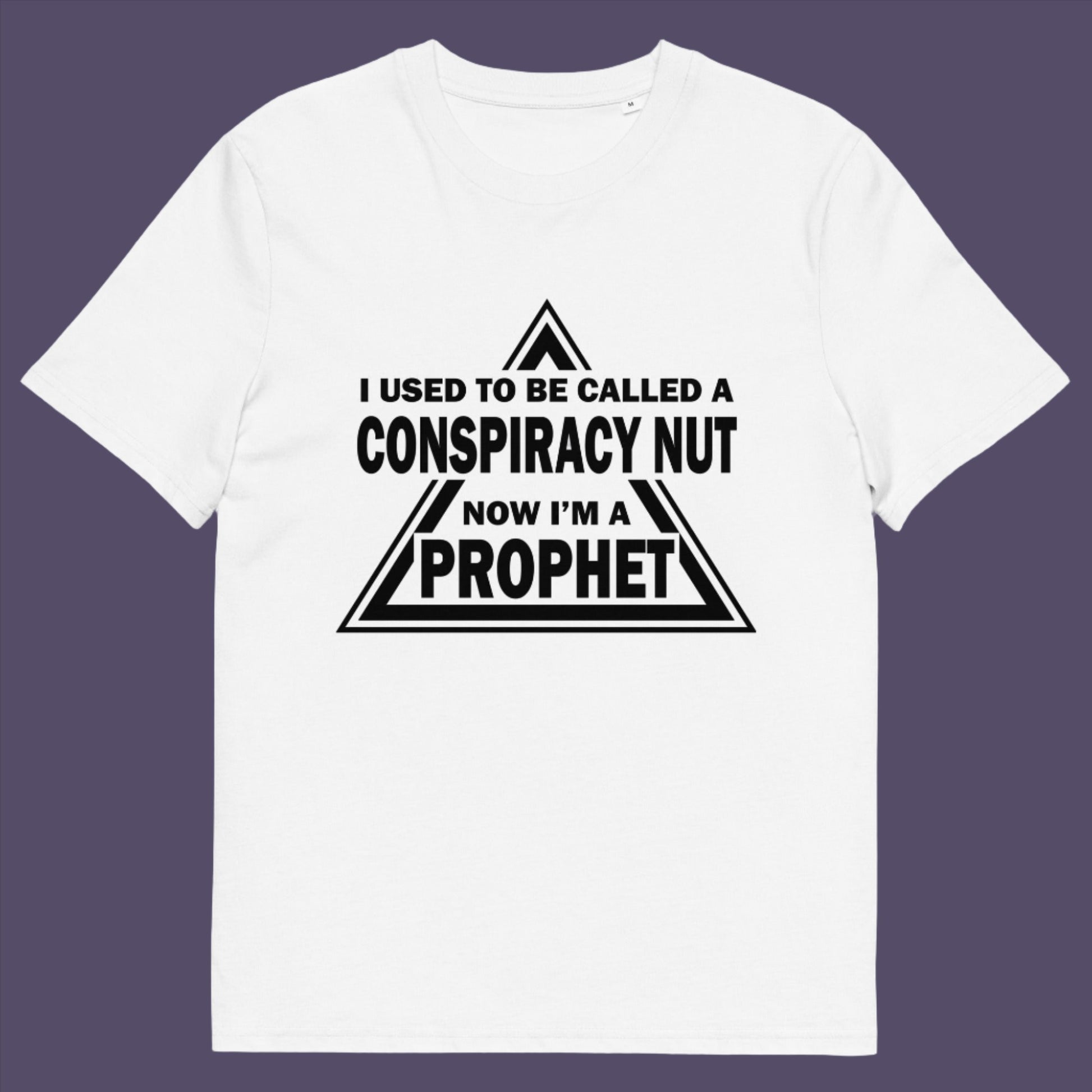White t-shirt. This conspiracy theorist t-shirt design is for anyone who used to get funny looks for their alternative view, but now gets greeted with nods of understanding as your earlier rantings come true. Made from 100% organic ring-spun cotton, this conspiracy theorist t-shirt is unisex, high-quality, super comfy, and best of all, eco-friendly.
