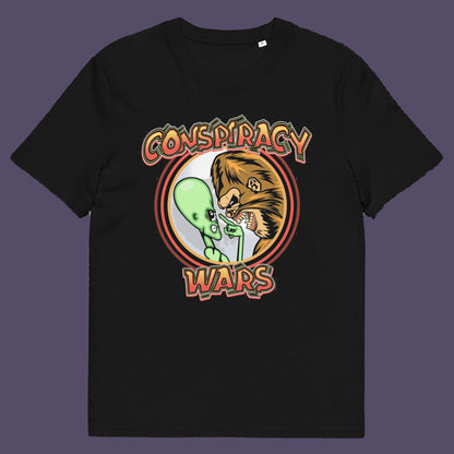 Black t-shirt. This funny conspiracy t-shirt suggests competition between the two main rivals for cover up stories. Aliens Vs Bigfoot, Kings of conspiracy face off. Made from 100% organic ring-spun cotton, this witty conspiracy theory t-shirt is unisex, high-quality, super comfy, and best of all, eco-friendly.