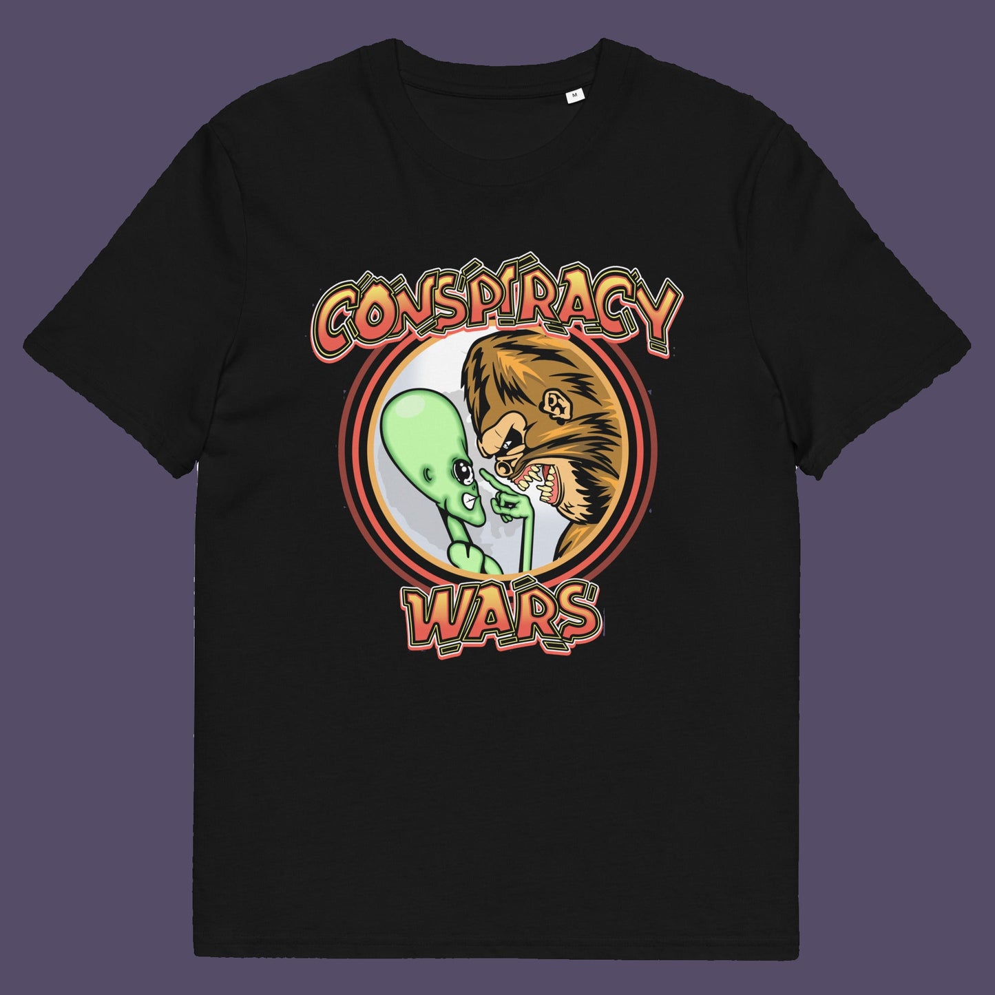 Black t-shirt. This funny conspiracy theory t shirt suggests competition between the two main rivals for cover up stories. Aliens Vs Bigfoot, Kings of conspiracy face off. Made from 100% organic ring-spun cotton, this witty conspiracy theorist t shirt is unisex, high-quality, super comfy, and best of all, eco-friendly.