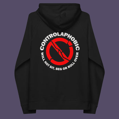 Black hoodie back. A satirical anti-establishment hoodie suggesting there is a lack of freedom of choice, and too much control, in modern society. If you find yourself unable to follow commands and you're not a dog, You may have controlaphobia. Comfortable and practical. It's extra soft and has a convenient front pouch pocket. Made from organic cotton and recycled polyester, this social awareness hoodie is a great eco-friendly choice.