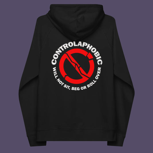 Black hoodie back. A satirical anti-establishment hoodie suggesting there is a lack of freedom of choice, and too much control, in modern society. If you find yourself unable to follow commands and you're not a dog, You may have controlaphobia. Comfortable and practical. It's extra soft and has a convenient front pouch pocket. Made from organic cotton and recycled polyester, this social awareness hoodie is a great eco-friendly choice.