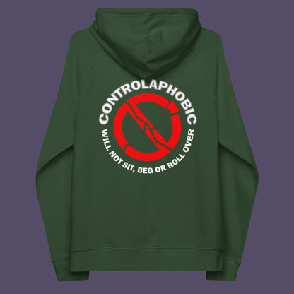 Bottle green hoodie back. A satirical anti-establishment hoodie suggesting there is a lack of freedom of choice, and too much control, in modern society. If you find yourself unable to follow commands and you're not a dog, You may have controlaphobia. Comfortable and practical. It's extra soft and has a convenient front pouch pocket. Made from organic cotton and recycled polyester, this social awareness hoodie is a great eco-friendly choice.