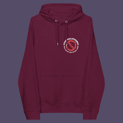 Burgundy hoodie front. A satirical anti-establishment hoodie suggesting there is a lack of freedom of choice, and too much control, in modern society. If you find yourself unable to follow commands and you're not a dog, You may have controlaphobia. Comfortable and practical. It's extra soft and has a convenient front pouch pocket. Made from organic cotton and recycled polyester, this social awareness hoodie is a great eco-friendly choice.