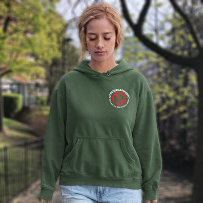 Person wearing a bottle green hoodie with a logo outdoors. A satirical anti-establishment hoodie suggesting there is a lack of freedom of choice, and too much control, in modern society. If you find yourself unable to follow commands and you're not a dog, You may have controlaphobia. Comfortable and practical. It's extra soft and has a convenient front pouch pocket. Made from organic cotton and recycled polyester, this social awareness hoodie is a great eco-friendly choice.