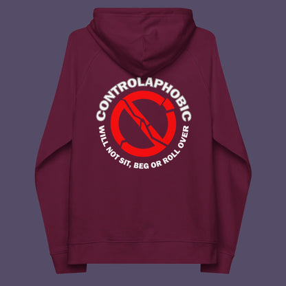 Burgundy hoodie back. A satirical civil rights hoodie suggesting there is a lack of freedom of choice, and too much control, in modern society. If you find yourself unable to follow commands and you're not a dog, You may have controlaphobia. Comfortable and practical. It's extra soft and has a convenient front pouch pocket. Made from organic cotton and recycled polyester, this civil rights hoodie design is a great eco-friendly choice.
