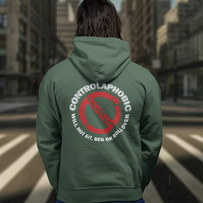 Person wearing a bottle green hoodie with a controlaphobic design on the back. A satirical civil rights hoodie suggesting there is a lack of freedom of choice, and too much control, in modern society. If you find yourself unable to follow commands and you're not a dog, You may have controlaphobia. Comfortable and practical. It's extra soft and has a convenient front pouch pocket. Made from organic cotton and recycled polyester, this civil rights hoodie design is a great eco-friendly choice.