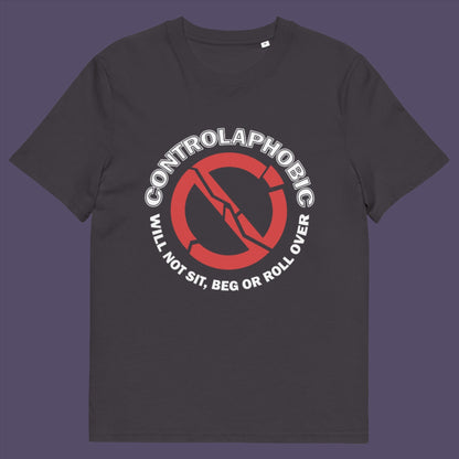 Anthracite t-shirt. A satirical non conformist t shirt design suggesting there is a lack of freedom of choice, and too much control, in modern society. If you find yourself unable to follow commands and you're not a dog, You may have controlaphobia. Made from 100% organic ring-spun cotton, this unisex social awareness t shirt is high-quality, super comfy, and best of all, eco-friendly.