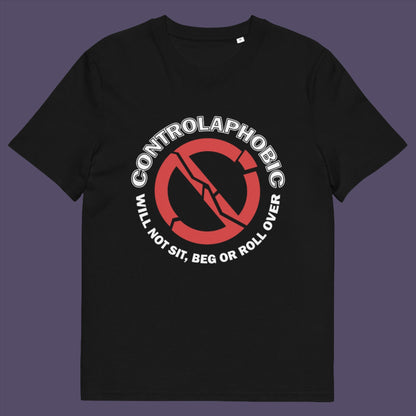 Black t-shirt. A satirical non conformist t shirt design suggesting there is a lack of freedom of choice, and too much control, in modern society. If you find yourself unable to follow commands and you're not a dog, You may have controlaphobia. Made from 100% organic ring-spun cotton, this unisex social awareness t shirt is high-quality, super comfy, and best of all, eco-friendly.