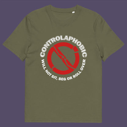 Khaki t-shirt. A satirical non conformist t shirt design suggesting there is a lack of freedom of choice, and too much control, in modern society. If you find yourself unable to follow commands and you're not a dog, You may have controlaphobia. Made from 100% organic ring-spun cotton, this unisex social awareness t shirt is high-quality, super comfy, and best of all, eco-friendly.