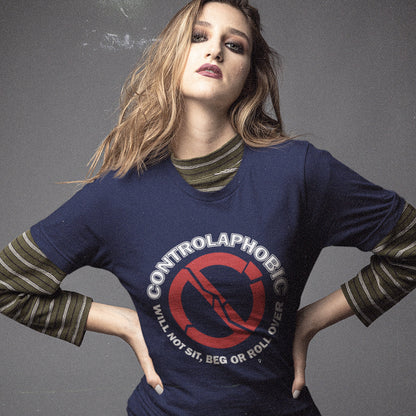 Person wearing a French navy blue sweatshirt with 'Controlaphobia' design. A satirical non conformist t shirt design suggesting there is a lack of freedom of choice, and too much control, in modern society. If you find yourself unable to follow commands and you're not a dog, You may have controlaphobia. Made from 100% organic ring-spun cotton, this unisex social awareness t shirt is high-quality, super comfy, and best of all, eco-friendly.